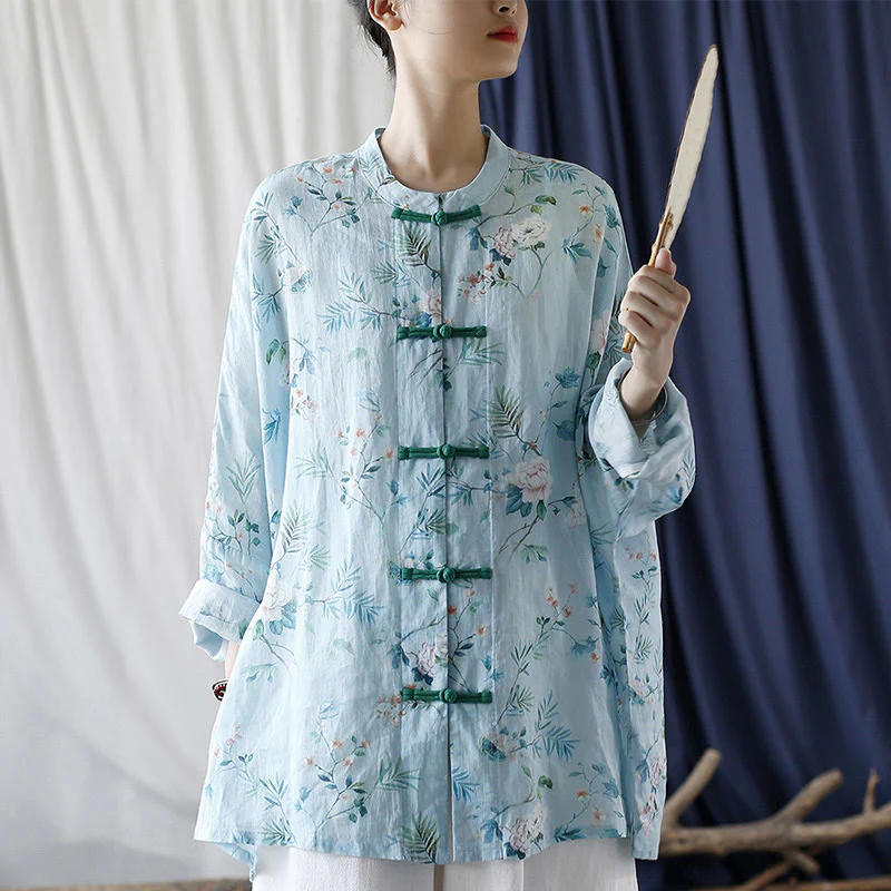 Giacca camicia in lino ramiè a maniche lunghe con bottoni a rana , Buddha Stones, fiori rosa verde chiaro, foglie verdi - Image 31