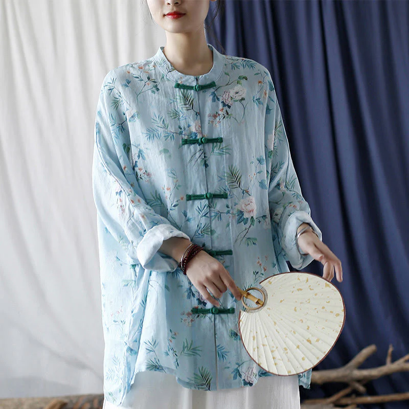 Giacca camicia in lino ramiè a maniche lunghe con bottoni a rana , Buddha Stones, fiori rosa verde chiaro, foglie verdi - Image 32