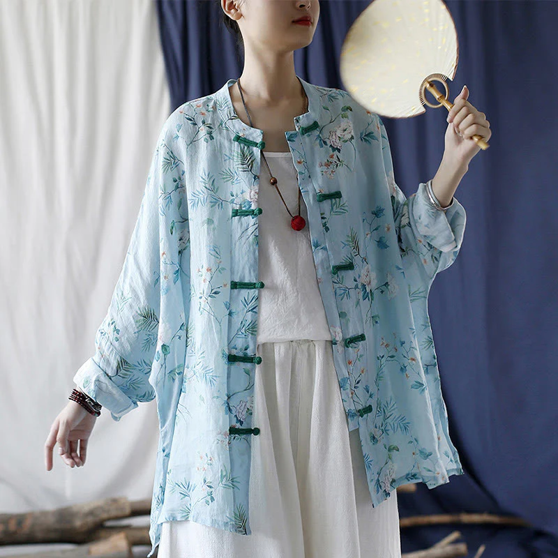 Giacca camicia in lino ramiè a maniche lunghe con bottoni a rana , Buddha Stones, fiori rosa verde chiaro, foglie verdi - Image 33