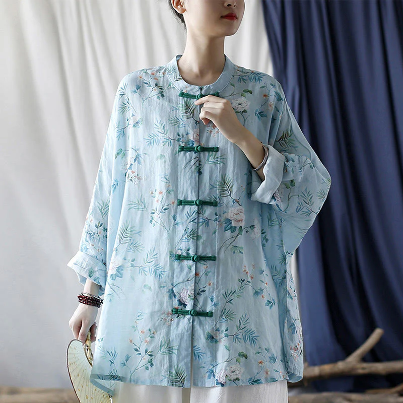 Giacca camicia in lino ramiè a maniche lunghe con bottoni a rana , Buddha Stones, fiori rosa verde chiaro, foglie verdi - Image 34