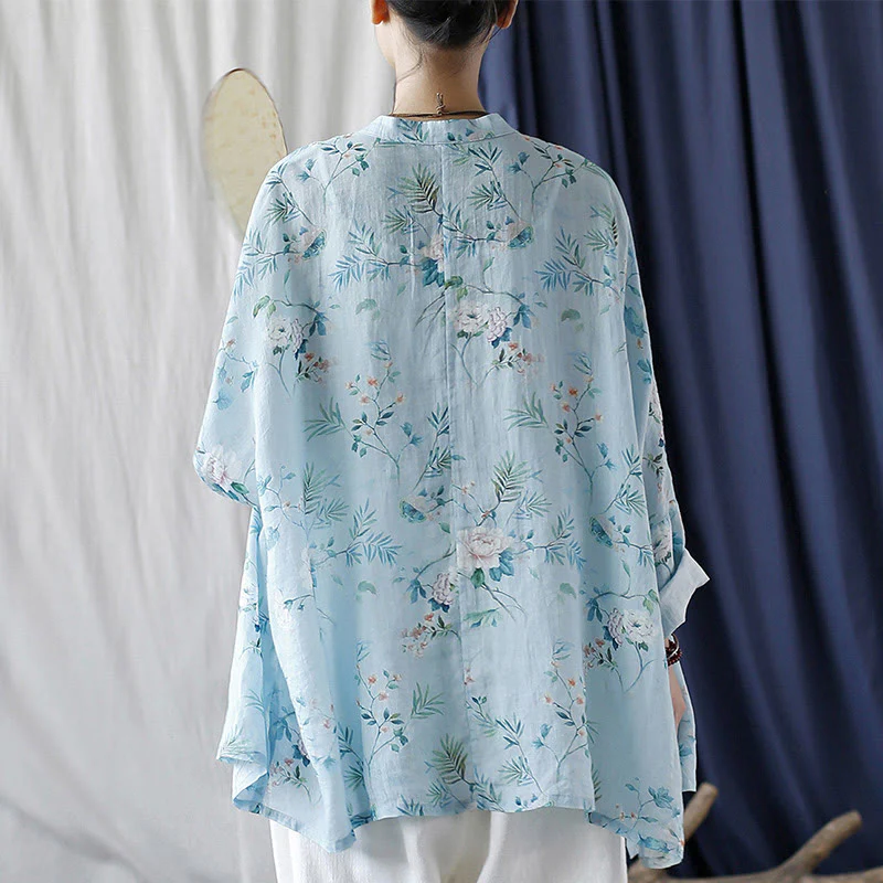 Giacca camicia in lino ramiè a maniche lunghe con bottoni a rana , Buddha Stones, fiori rosa verde chiaro, foglie verdi - Image 4