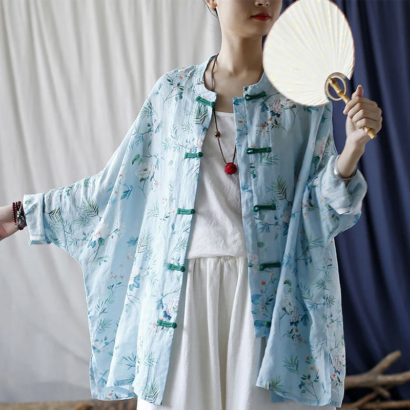 Giacca camicia in lino ramiè a maniche lunghe con bottoni a rana , Buddha Stones, fiori rosa verde chiaro, foglie verdi - Image 8