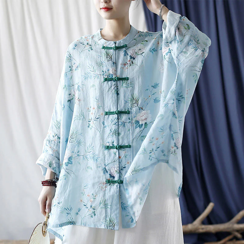 Giacca camicia in lino ramiè a maniche lunghe con bottoni a rana , Buddha Stones, fiori rosa verde chiaro, foglie verdi - Image 9