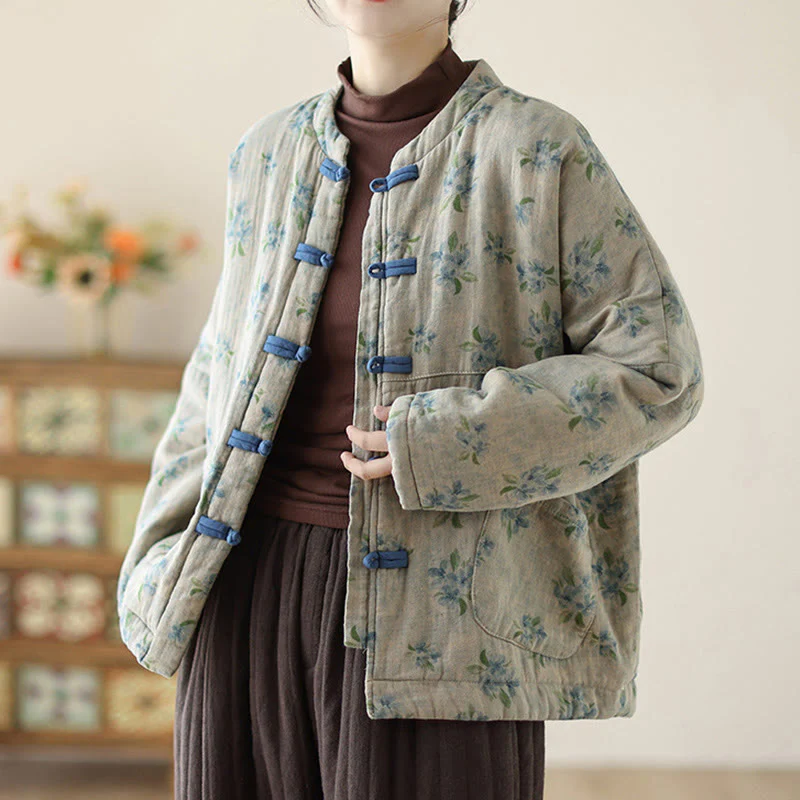 Giacca da donna a maniche lunghe in cotone termico con stampa floreale e tasche Buddha Stones - Image 13