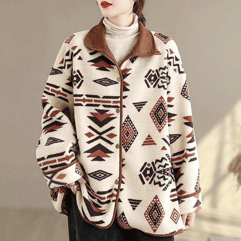 Giacca da donna in cotone a maniche lunghe con bottoni, motivo geometrico, autunno inverno, motivo Buddha Stones