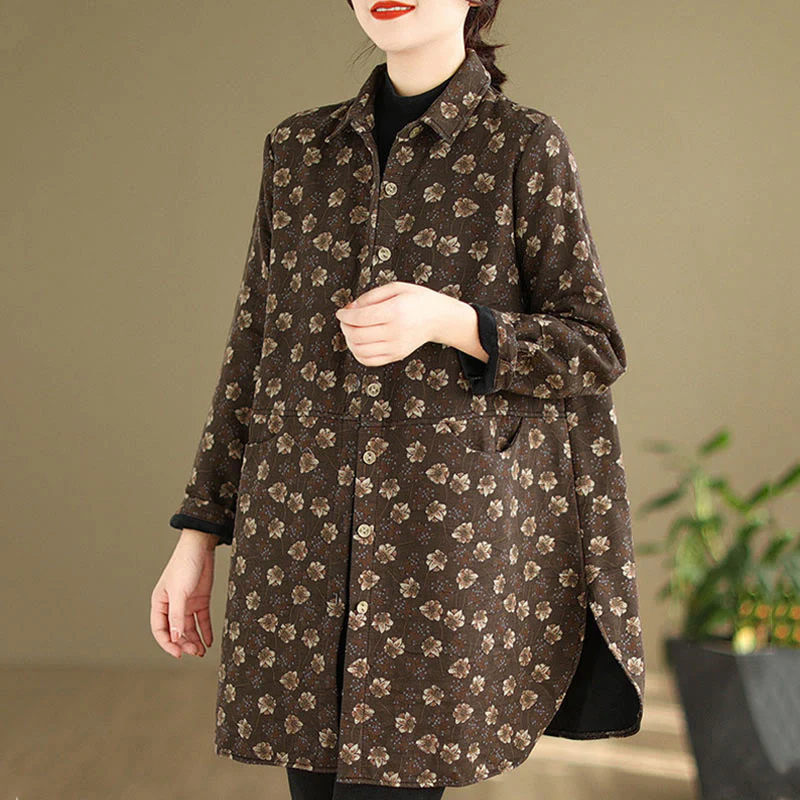 Giacca da donna in cotone a maniche lunghe con tasche, motivo floreale, bottoni autunno inverno Buddha Stones - Image 3