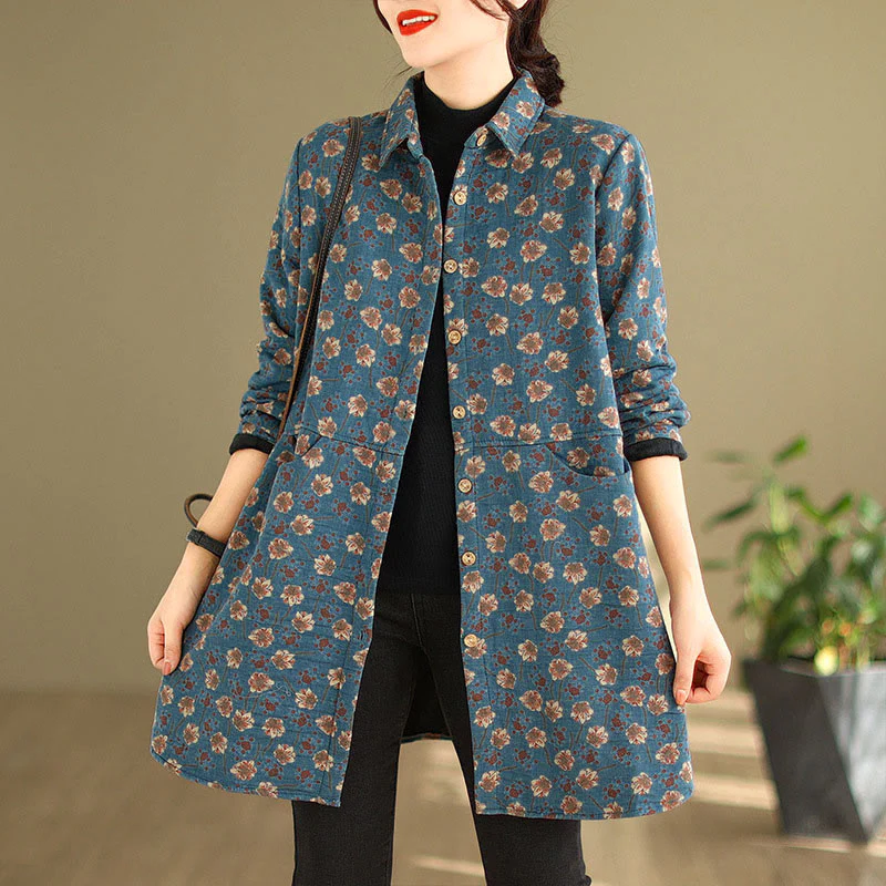 Giacca da donna in cotone a maniche lunghe con tasche, motivo floreale, bottoni autunno inverno Buddha Stones - Image 6