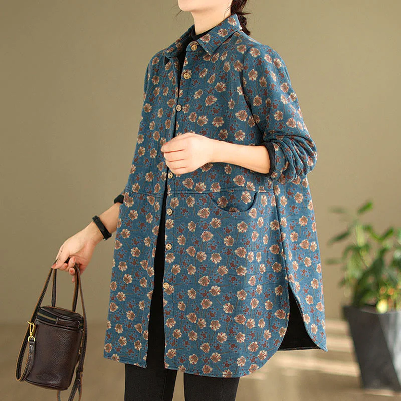 Giacca da donna in cotone a maniche lunghe con tasche, motivo floreale, bottoni autunno inverno Buddha Stones - Image 7