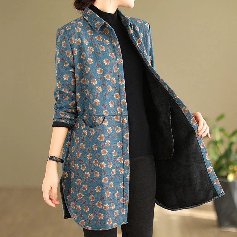 Giacca da donna in cotone a maniche lunghe con tasche, motivo floreale, bottoni autunno inverno Buddha Stones - Image 8
