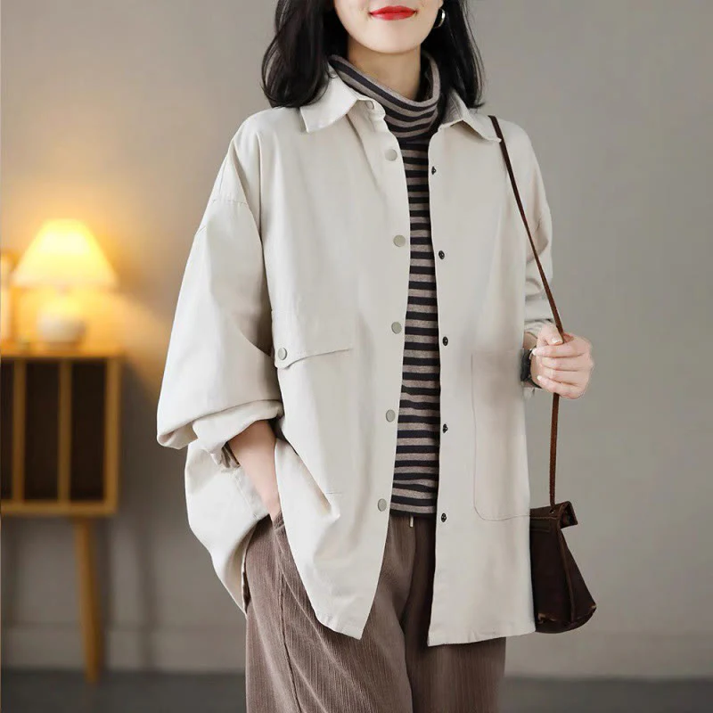 Giacca da donna in cotone con risvolto, casual, vintage, in tinta unita, con Buddha Stones - Image 12