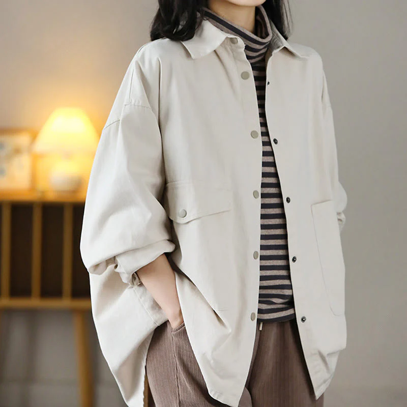 Giacca da donna in cotone con risvolto, casual, vintage, in tinta unita, con Buddha Stones - Image 13