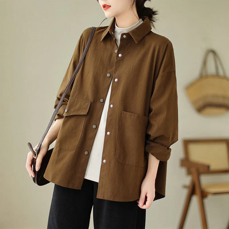 Giacca da donna in cotone con risvolto, casual, vintage, in tinta unita, con Buddha Stones - Image 14