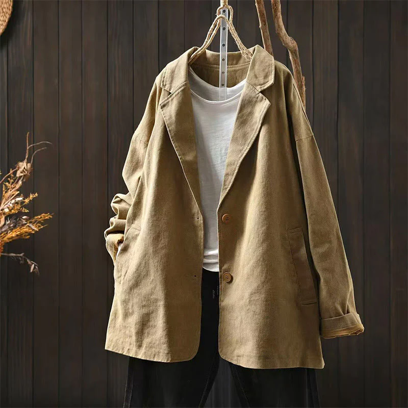 Giacca da donna in cotone di media lunghezza con tasche, maniche lunghe, colletto con revers, motivo Buddha Stones, primavera-autunno