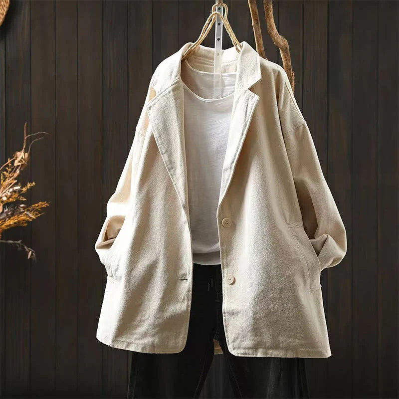 Giacca da donna in cotone di media lunghezza con tasche, maniche lunghe, colletto con revers, motivo Buddha Stones, primavera-autunno - Image 15