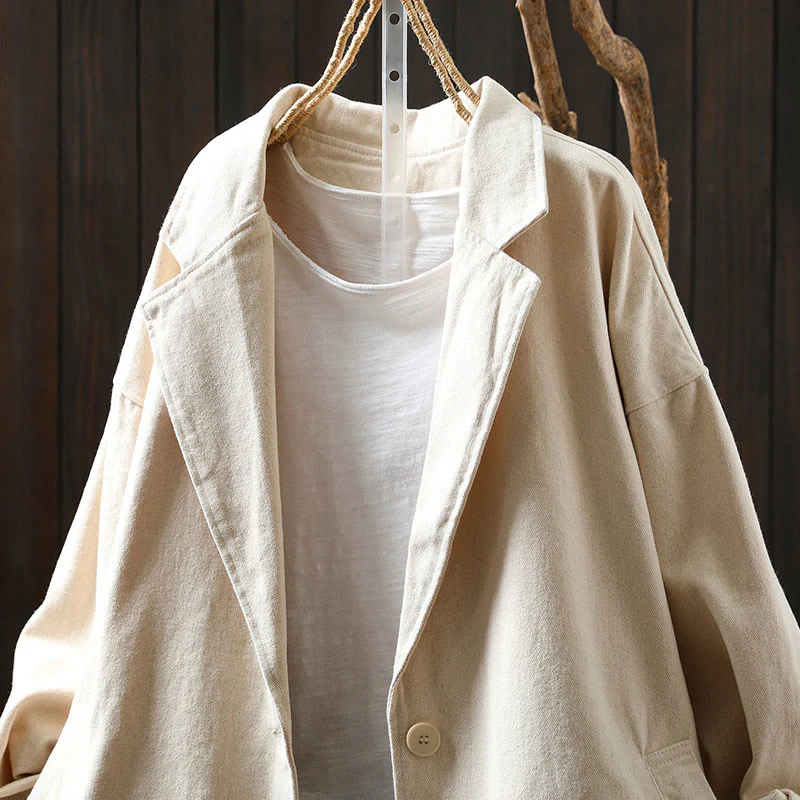 Giacca da donna in cotone di media lunghezza con tasche, maniche lunghe, colletto con revers, motivo Buddha Stones, primavera-autunno - Image 16