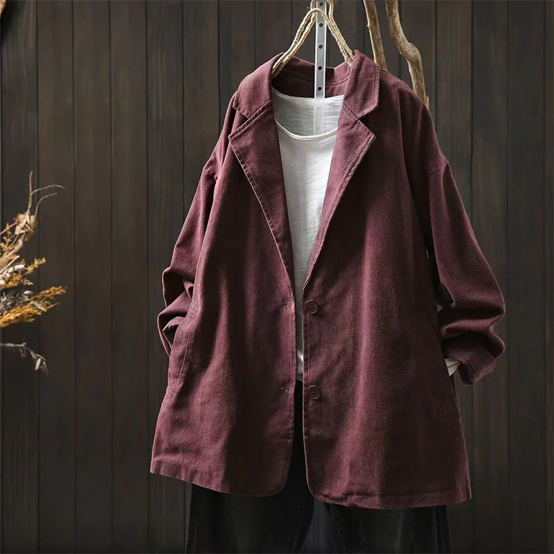 Giacca da donna in cotone di media lunghezza con tasche, maniche lunghe, colletto con revers, motivo Buddha Stones, primavera-autunno - Image 17