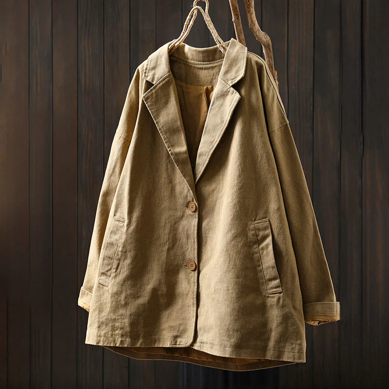 Giacca da donna in cotone di media lunghezza con tasche, maniche lunghe, colletto con revers, motivo Buddha Stones, primavera-autunno - Image 2