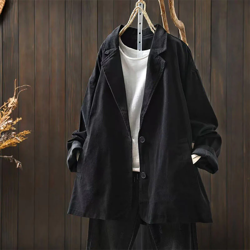 Giacca da donna in cotone di media lunghezza con tasche, maniche lunghe, colletto con revers, motivo Buddha Stones, primavera-autunno - Image 21