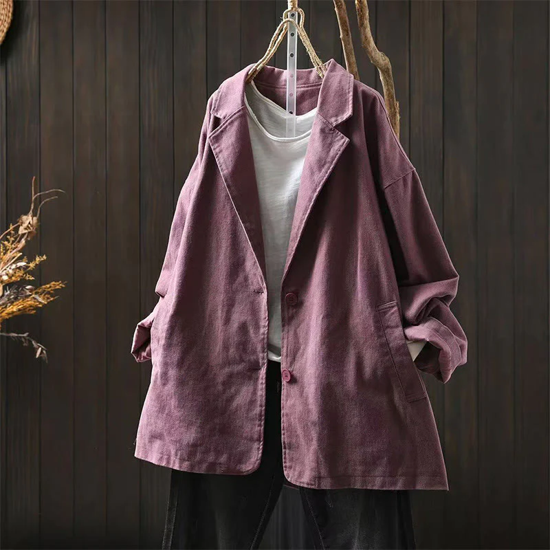 Giacca da donna in cotone di media lunghezza con tasche, maniche lunghe, colletto con revers, motivo Buddha Stones, primavera-autunno - Image 23