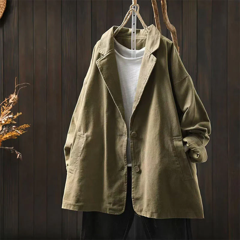 Giacca da donna in cotone di media lunghezza con tasche, maniche lunghe, colletto con revers, motivo Buddha Stones, primavera-autunno - Image 25