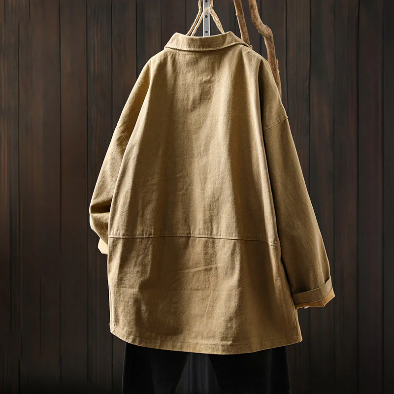 Giacca da donna in cotone di media lunghezza con tasche, maniche lunghe, colletto con revers, motivo Buddha Stones, primavera-autunno - Image 3