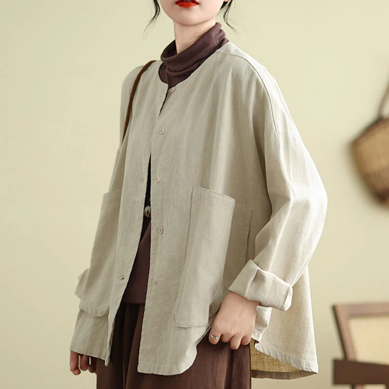 Giacca da donna in cotone e lino con maniche lunghe e tasche, motivo semplice Buddha Stones
