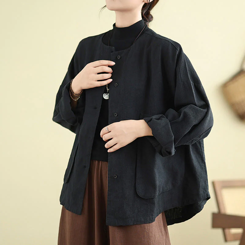Giacca da donna in cotone e lino con maniche lunghe e tasche, motivo semplice Buddha Stones - Image 12