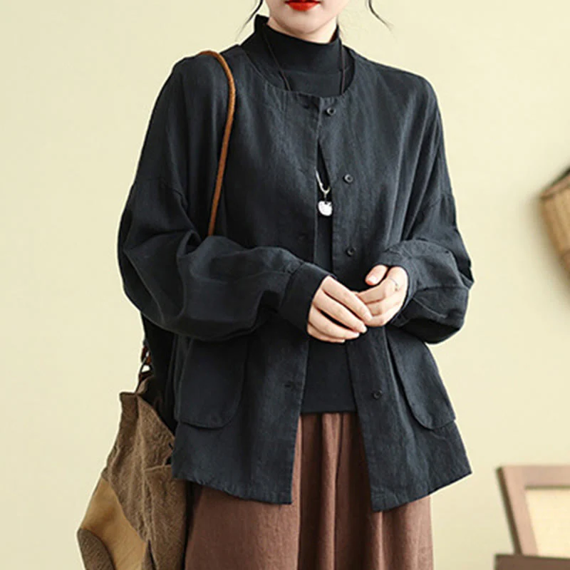 Giacca da donna in cotone e lino con maniche lunghe e tasche, motivo semplice Buddha Stones - Image 14