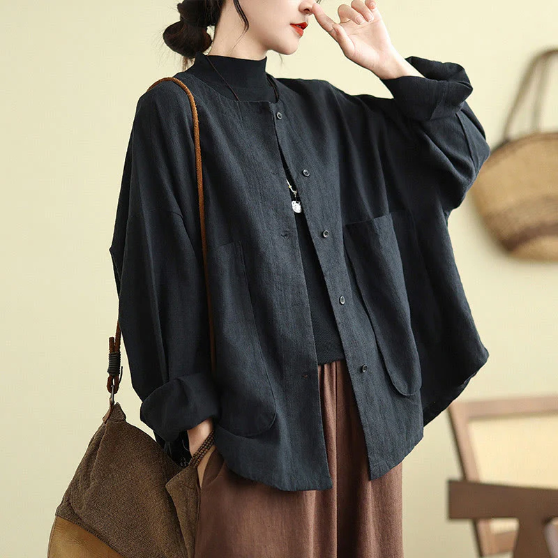 Giacca da donna in cotone e lino con maniche lunghe e tasche, motivo semplice Buddha Stones - Image 15