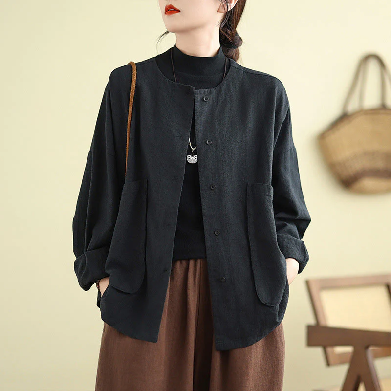 Giacca da donna in cotone e lino con maniche lunghe e tasche, motivo semplice Buddha Stones - Image 16