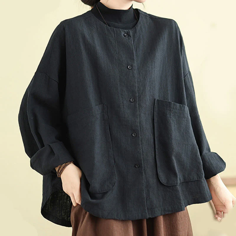 Giacca da donna in cotone e lino con maniche lunghe e tasche, motivo semplice Buddha Stones - Image 17