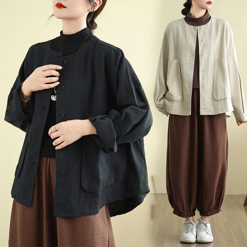 Giacca da donna in cotone e lino con maniche lunghe e tasche, motivo semplice Buddha Stones - Image 18