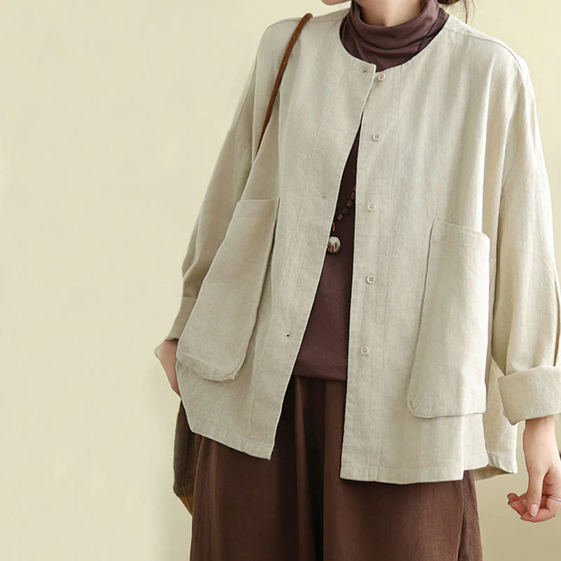Giacca da donna in cotone e lino con maniche lunghe e tasche, motivo semplice Buddha Stones - Image 5