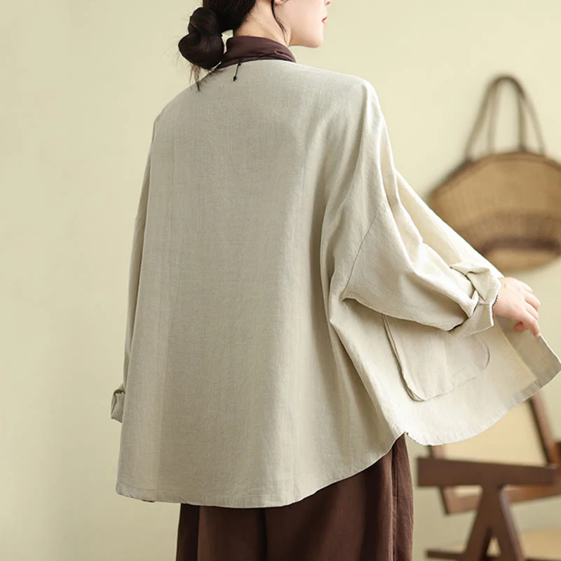 Giacca da donna in cotone e lino con maniche lunghe e tasche, motivo semplice Buddha Stones - Image 7