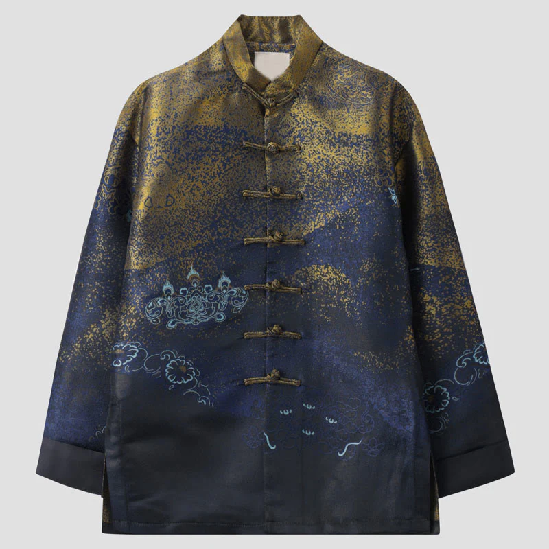 Giacca da uomo a maniche lunghe con bottoni a rana, tasche e motivo Buddha Stones Golden Desert Blue Flowers