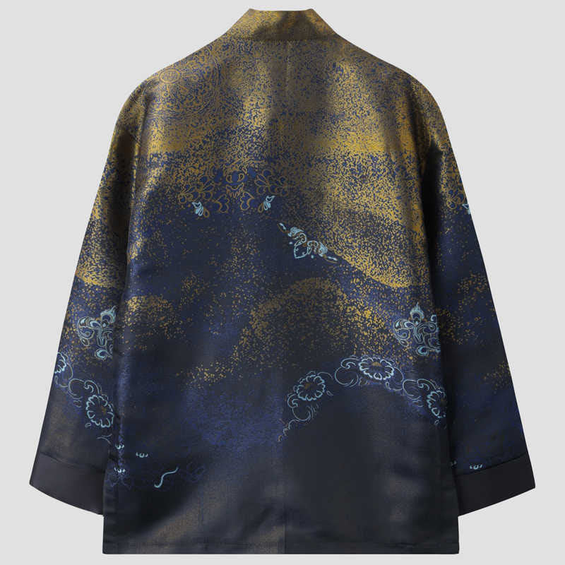Giacca da uomo a maniche lunghe con bottoni a rana, tasche e motivo Buddha Stones Golden Desert Blue Flowers - Image 2