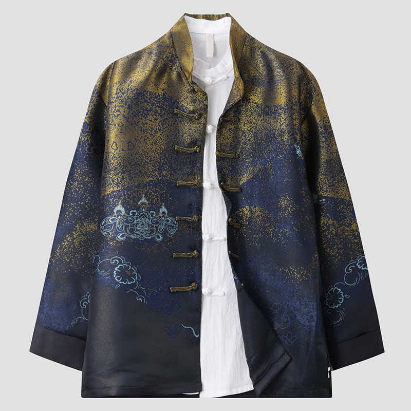 Giacca da uomo a maniche lunghe con bottoni a rana, tasche e motivo Buddha Stones Golden Desert Blue Flowers - Image 3