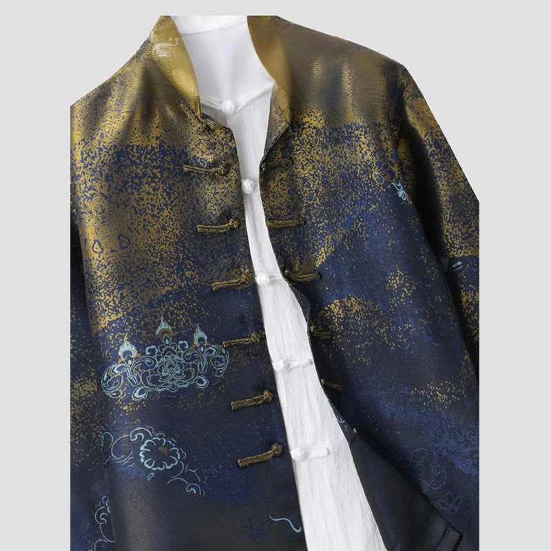 Giacca da uomo a maniche lunghe con bottoni a rana, tasche e motivo Buddha Stones Golden Desert Blue Flowers - Image 4