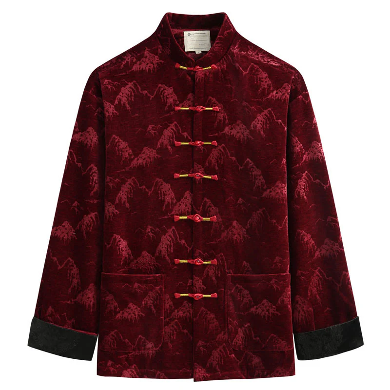 Giacca da uomo con camicia e tasche, realizzata a mano, con bottoni a forma di rana, motivo Buddha Stones, capodanno cinese, paesaggio