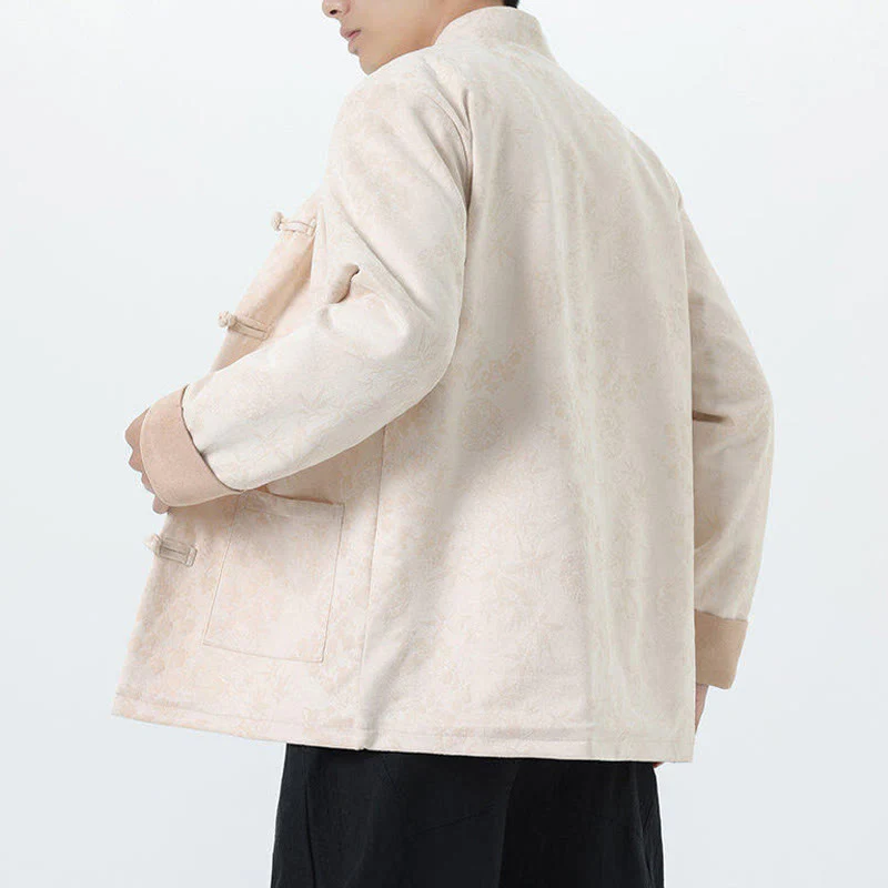 Giacca da uomo in cotone a maniche lunghe con bottoni a rana in bambù e jacquard Buddha Stones Fall con tasche - Image 22