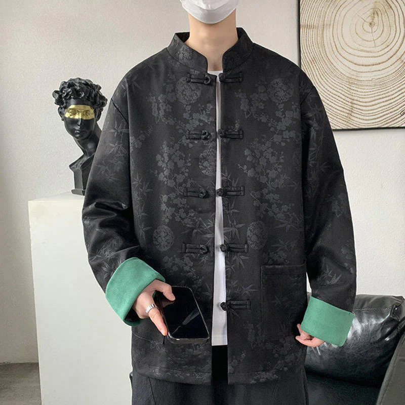 Giacca da uomo in cotone a maniche lunghe con bottoni a rana in bambù e jacquard Buddha Stones Fall con tasche - Image 7