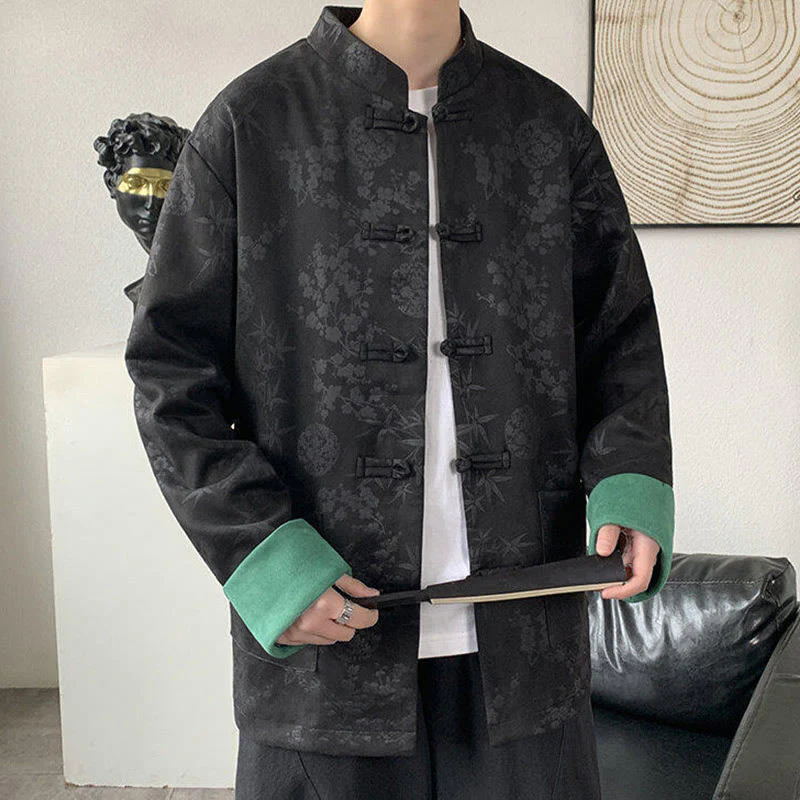 Giacca da uomo in cotone a maniche lunghe con bottoni a rana in bambù e jacquard Buddha Stones Fall con tasche - Image 8