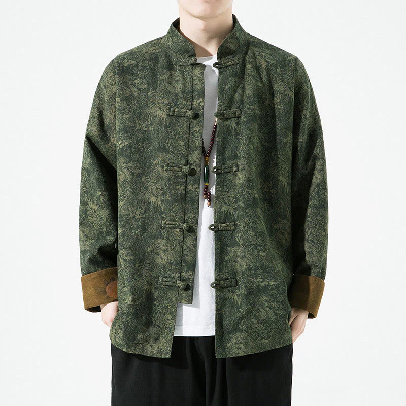 Giacca da uomo in cotone a maniche lunghe con bottoni cinesi a forma di rana, motivo floreale stampato primaverile Buddha Stones
