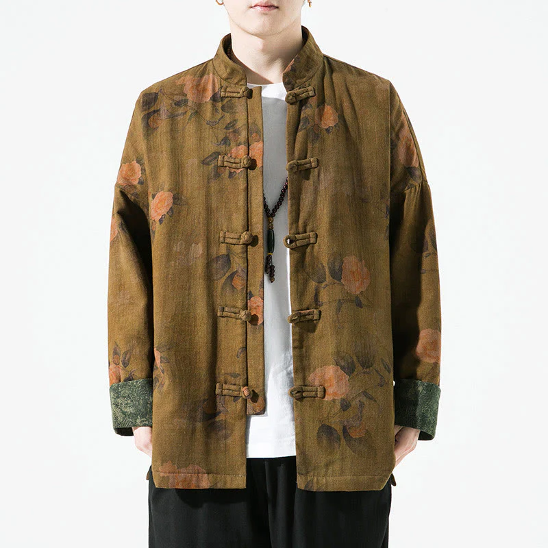 Giacca da uomo in cotone a maniche lunghe con bottoni cinesi a forma di rana, motivo floreale stampato primaverile Buddha Stones - Image 19