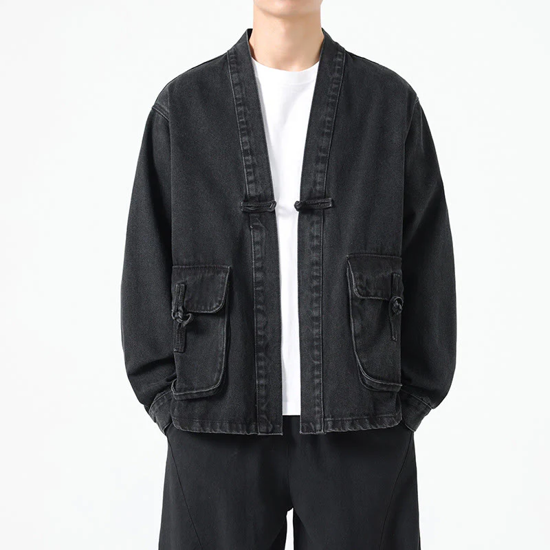Giacca da uomo in cotone a maniche lunghe con tasche e bottoni in denim con Buddha Stones