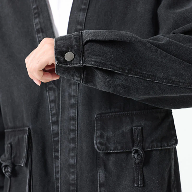 Giacca da uomo in cotone a maniche lunghe con tasche e bottoni in denim con Buddha Stones - Image 10