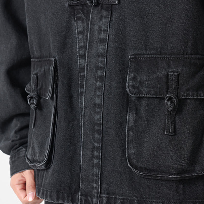 Giacca da uomo in cotone a maniche lunghe con tasche e bottoni in denim con Buddha Stones - Image 11