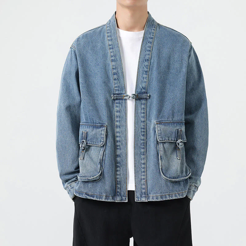 Giacca da uomo in cotone a maniche lunghe con tasche e bottoni in denim con Buddha Stones - Image 12