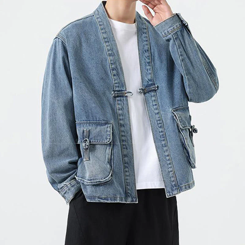 Giacca da uomo in cotone a maniche lunghe con tasche e bottoni in denim con Buddha Stones - Image 13