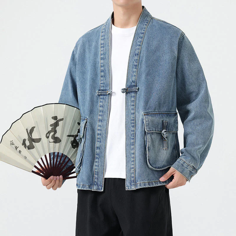 Giacca da uomo in cotone a maniche lunghe con tasche e bottoni in denim con Buddha Stones - Image 14